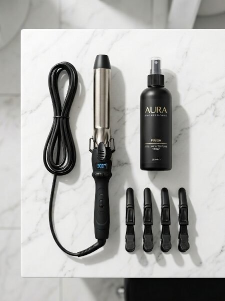 A flat lay view of a curling iron, Aura finishing spray, and four black hair clips on a marble countertop.