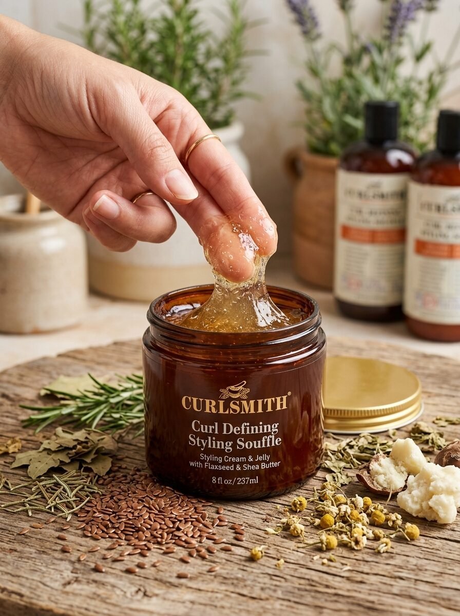 A hand pulls a thick, gel-like styling souffle from a brown jar surrounded by flaxseeds, herbs, and shea butter.