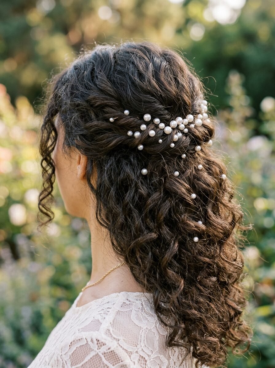 Back view of a woman wearing a half-up hairstyle with scattered pearl accessories.
