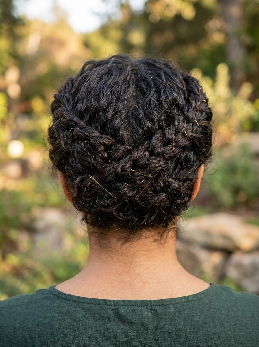 Back view of a person with dark curly hair styled into an intricate braided updo with visible gold bobby pins.