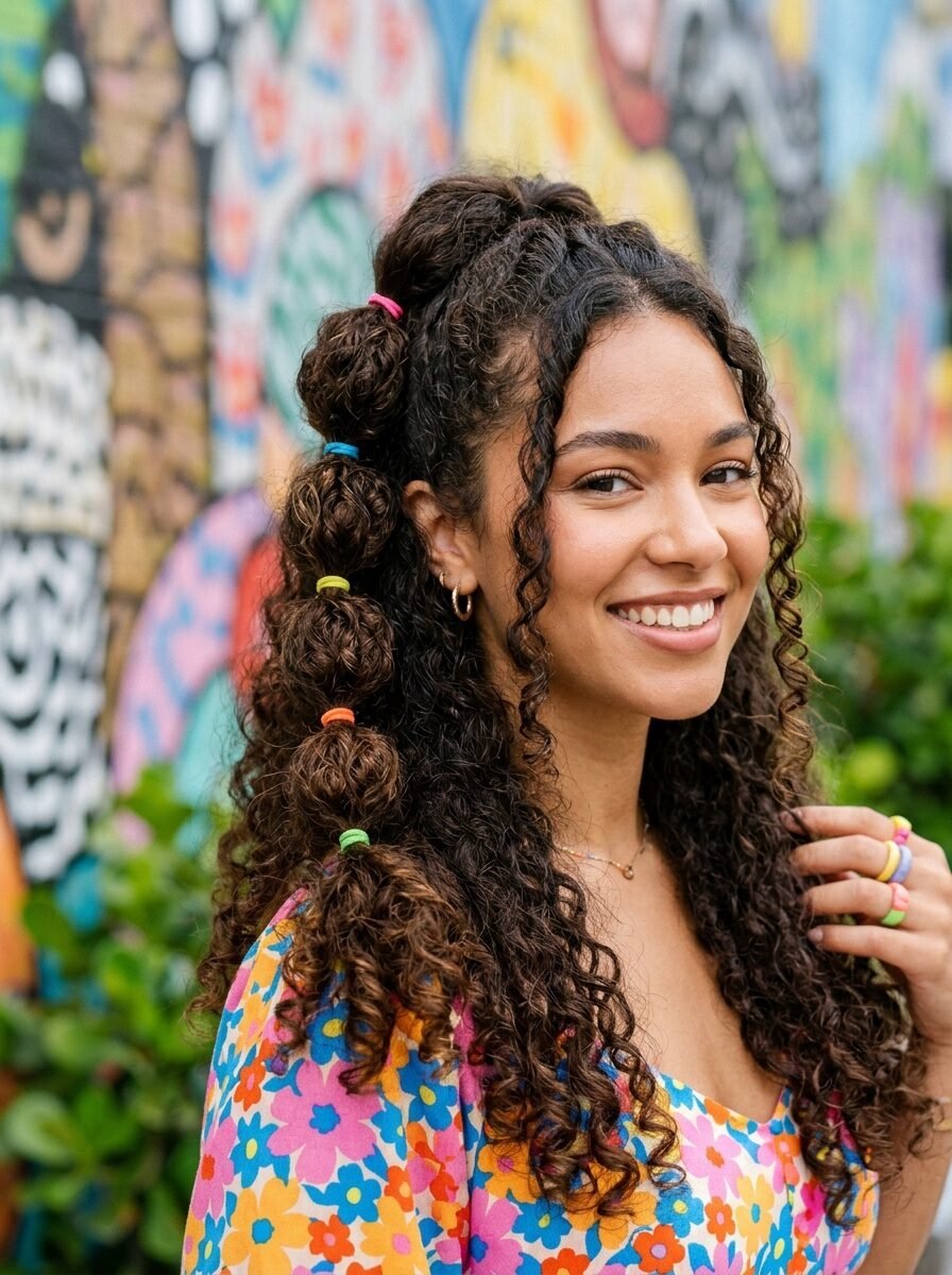 Portrait of a woman wearing a half-up bubble ponytail with colorful hair ties against a floral mural background.