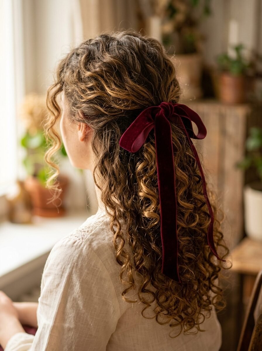 A woman seen from behind with long ringlet curls styled in a half-up ponytail secured with a wide burgundy ribbon.