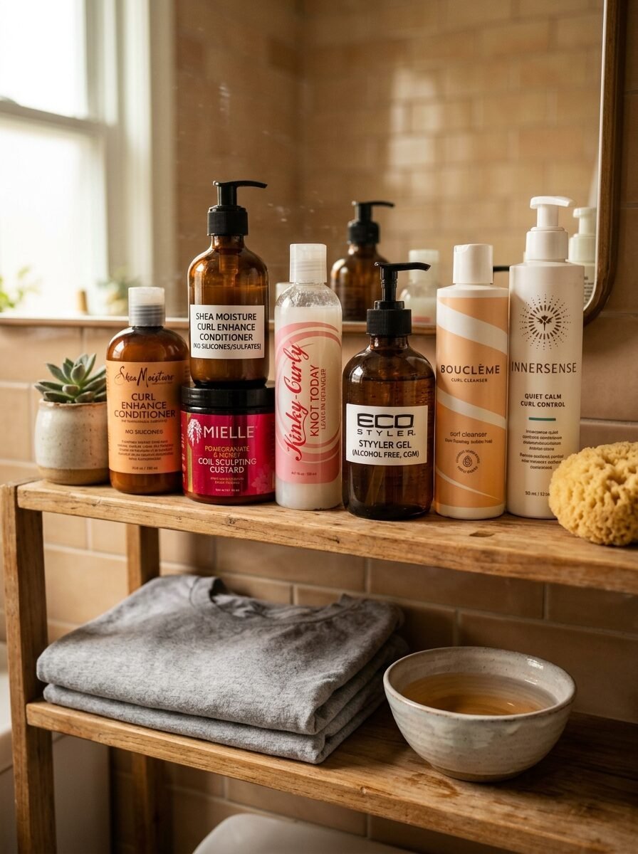 Selection of hair conditioners, gels, and cleansers for curly hair on a wooden ledge with a towel and bowl.