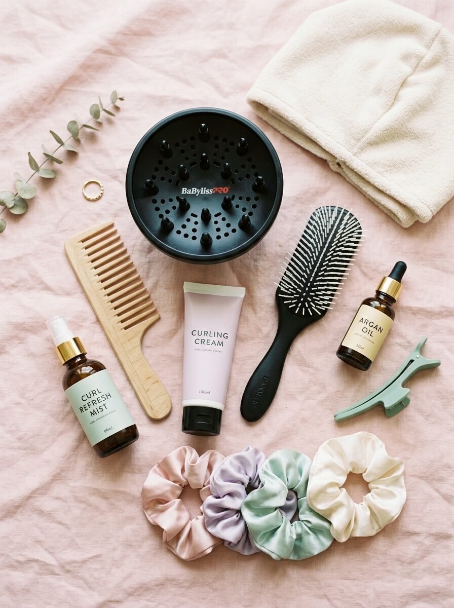 Top-down view of a hair diffuser, wooden comb, curling cream, argan oil, and four satin scrunchies.