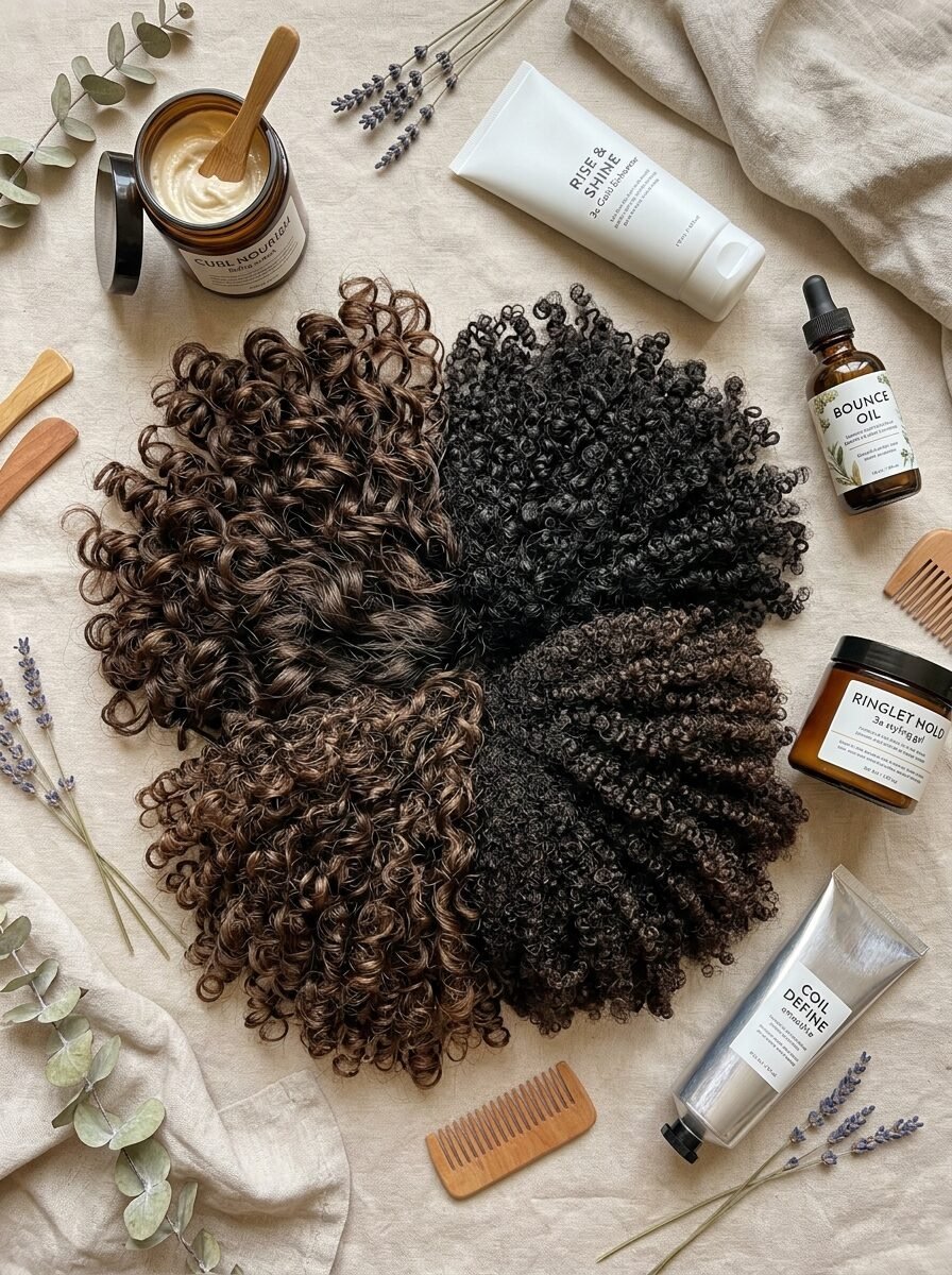 Top-down view of hair coils in varied shades and patterns arranged with lavender sprigs and jars of styling cream.