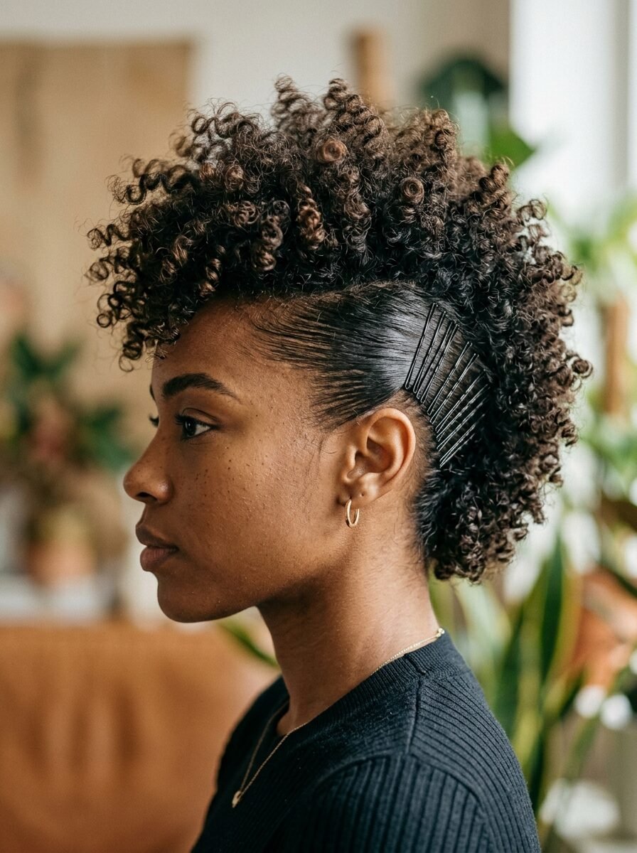 Side profile of a woman with curly hair styled into a faux hawk using black pins against a blurred background.