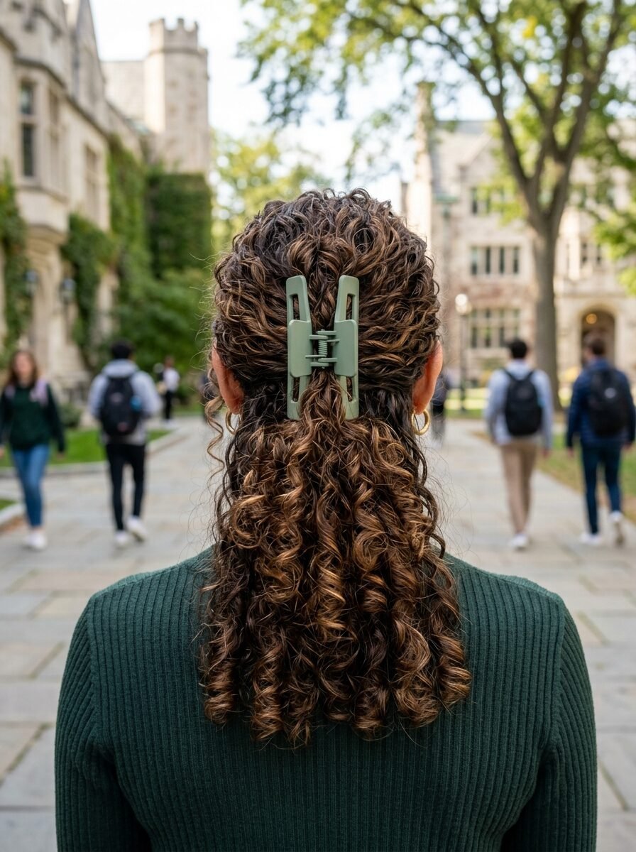 Back view of a person with long curly brown hair styled in a half-updo with a rectangular matte green hair claw.