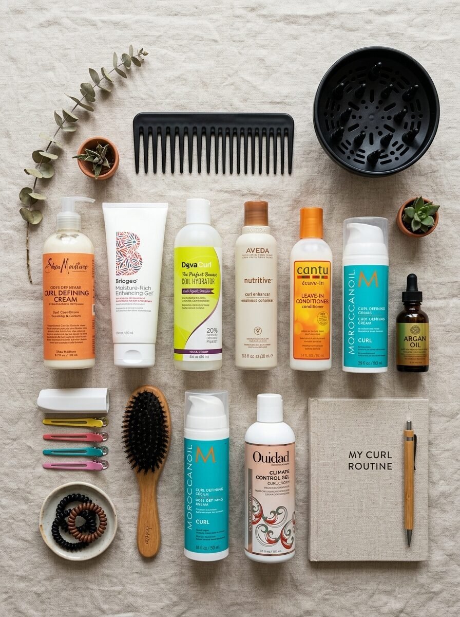Top-down view of hair styling products, including gels, creams, oils, a wide-tooth comb, and a hair diffuser.