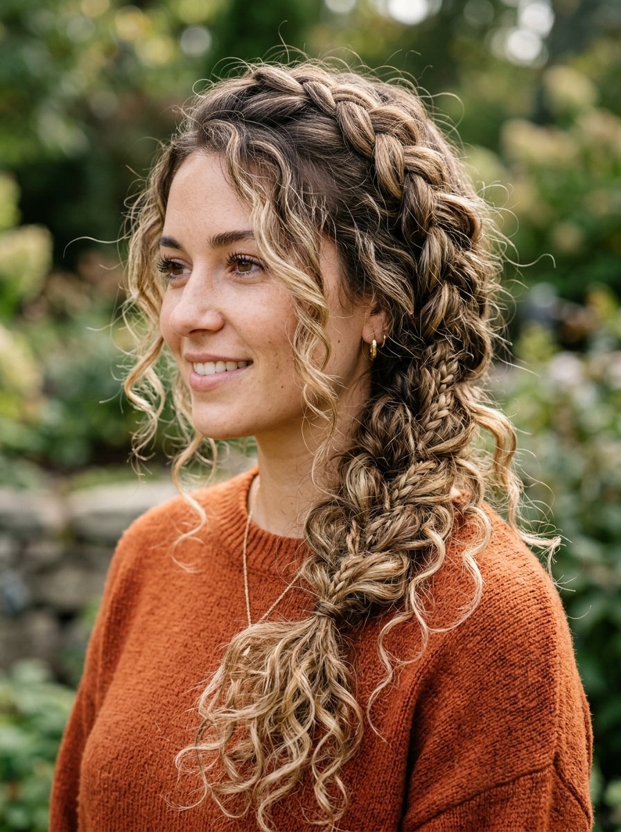 A woman wearing an orange sweater with wavy blonde highlighted hair styled into a complex side braid.