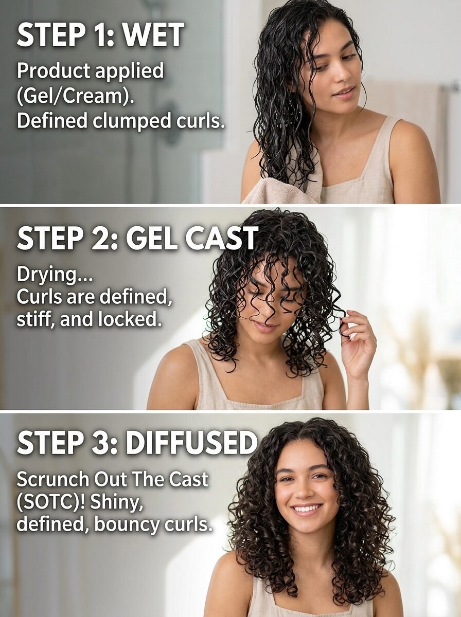 A comparison photo showing a woman styling her hair from wet product application to drying and a final fluffy look.