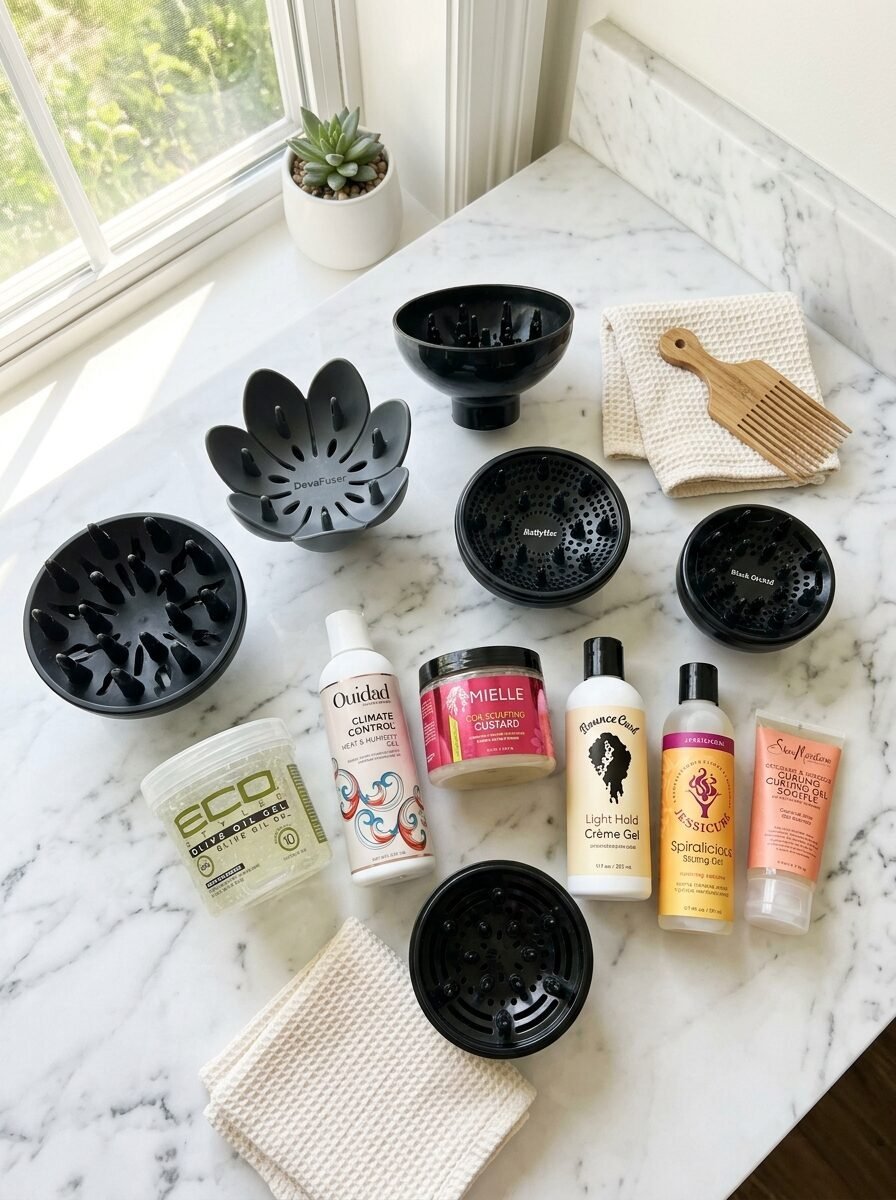 Collection of hair dryer diffusers, styling creams, and gels arranged on a white marble vanity next to towels.