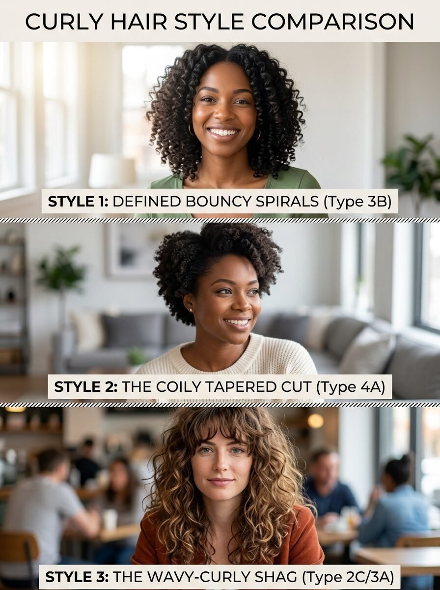 Comparison chart displaying three diverse women with defined curly, coily, and wavy-shag hair textures.