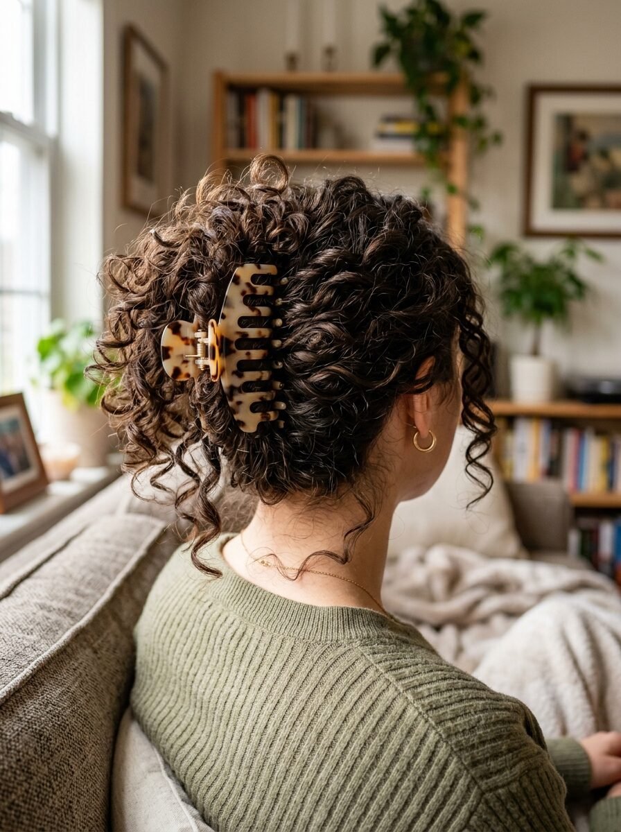 Person with curly brown hair wearing a decorative tortoiseshell claw clip, seen from the back in a living room.