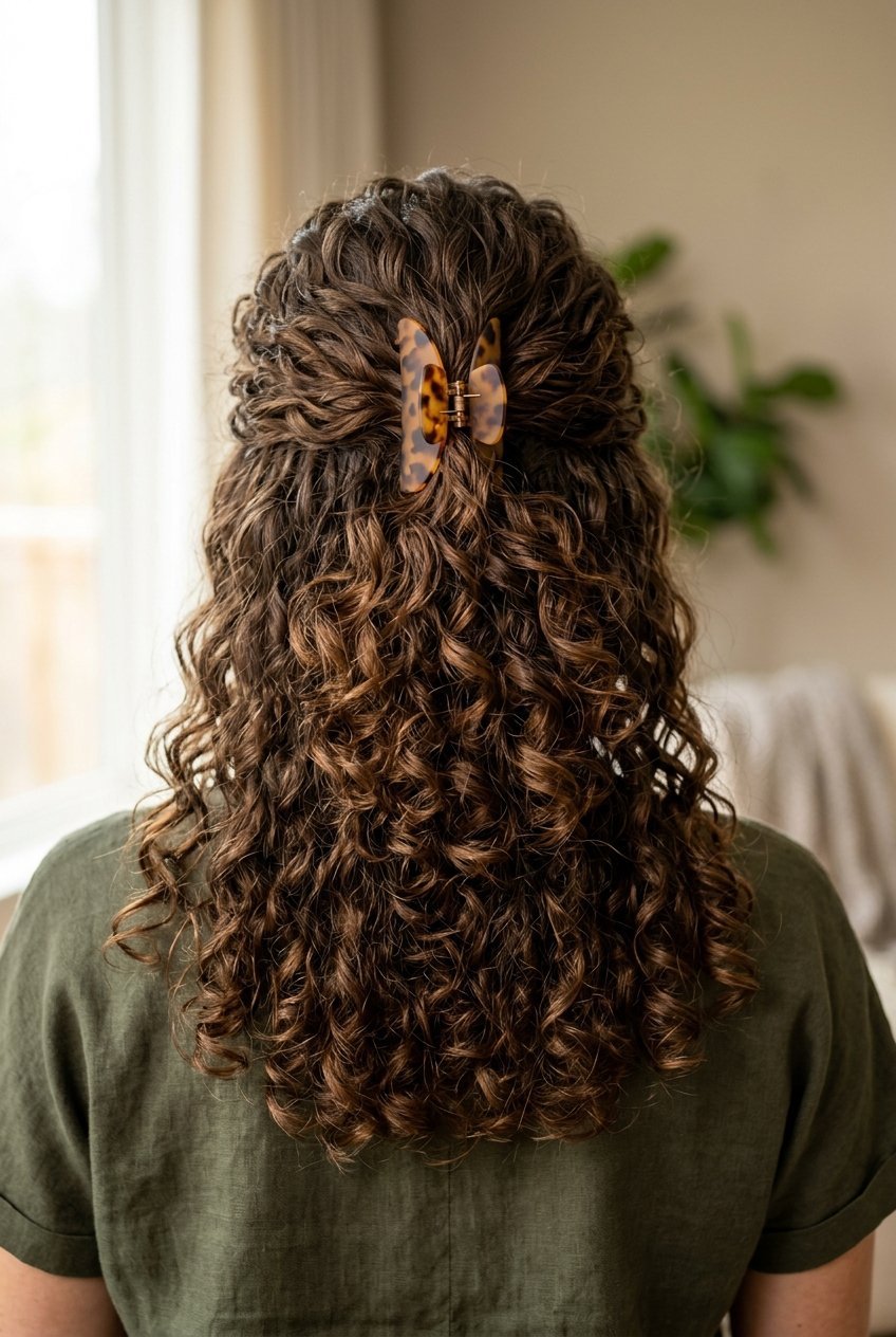 Back view of a person with long curly brunette hair styled in a half-up look using a patterned brown claw clip.