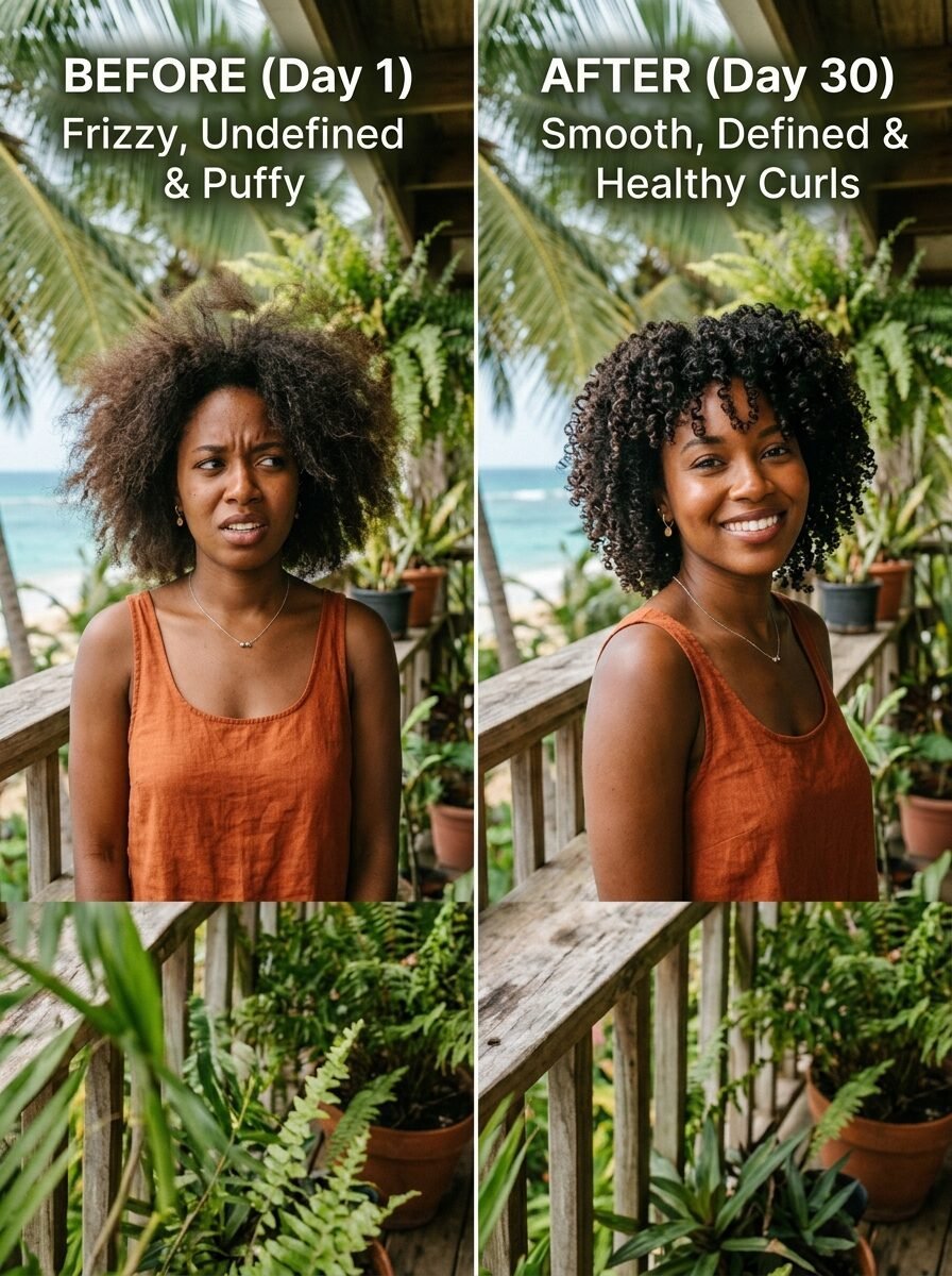 Before and after comparison of a woman with natural hair, showing puffy versus defined curl results.