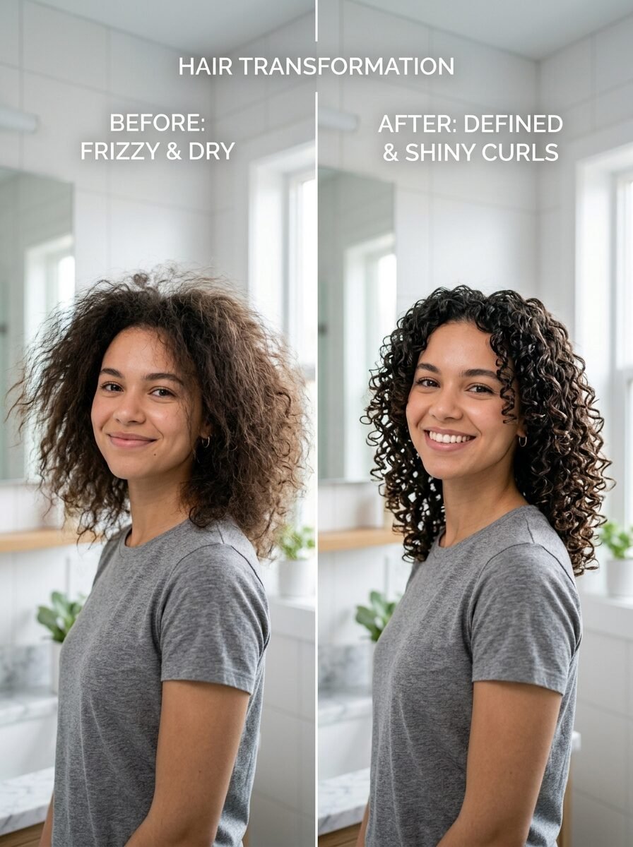 Split screen photo showing a woman with frizzy hair on the left and smooth, bouncy curls on the right.