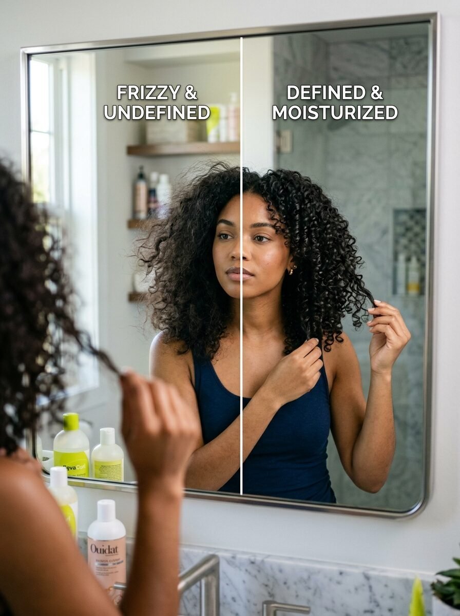 Comparison of a woman's hair showing a frizzy side versus a defined and moisturized side in a bathroom mirror.
