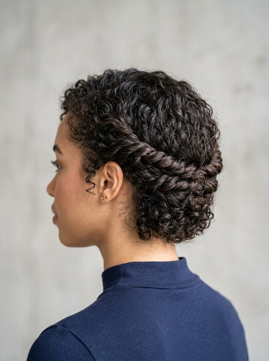 A person with dark curly hair styled in a double rope braid back to an elegant low bun against a grey wall.