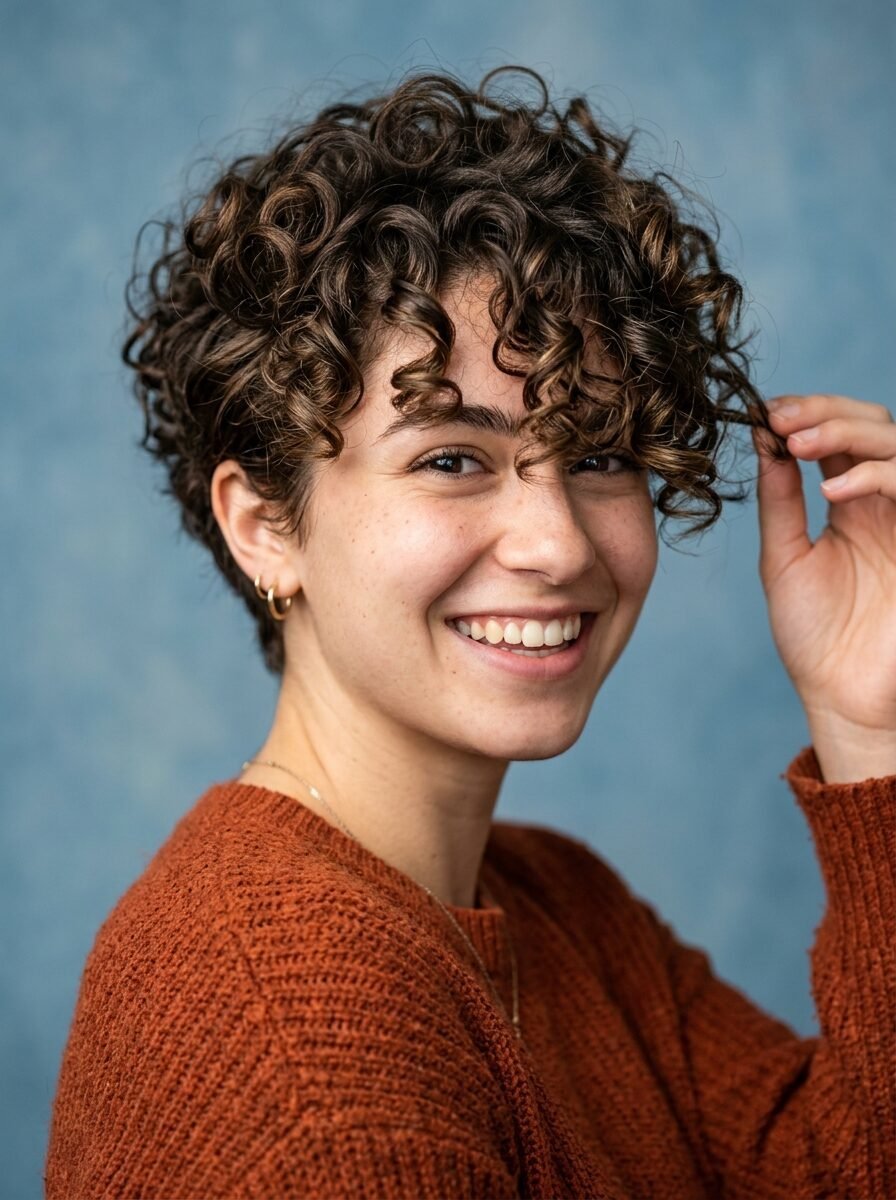 Portrait of a smiling person with freckles and short curly hair touching a lock of hair against a blue backdrop.