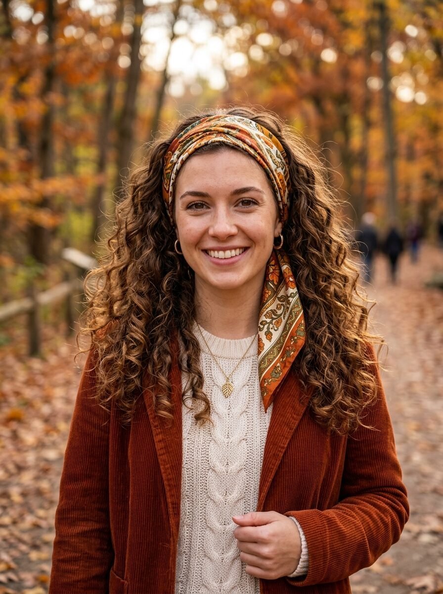 Portrait of a smiling woman with long curls, wearing a vibrant headscarf, cable knit sweater, and rust-colored blazer.