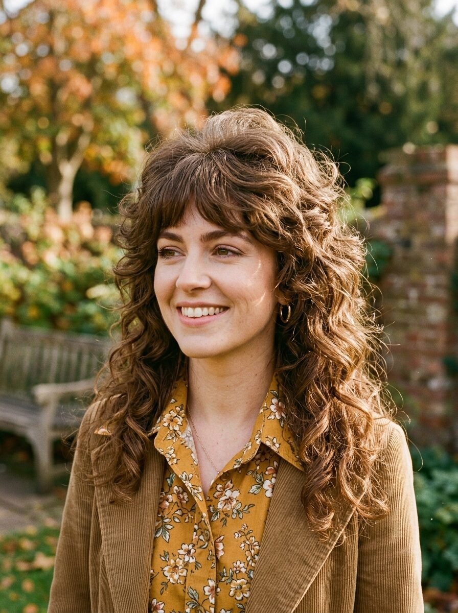 A smiling woman with long brown curly hair and bangs wearing a corduroy jacket and floral shirt outdoors.