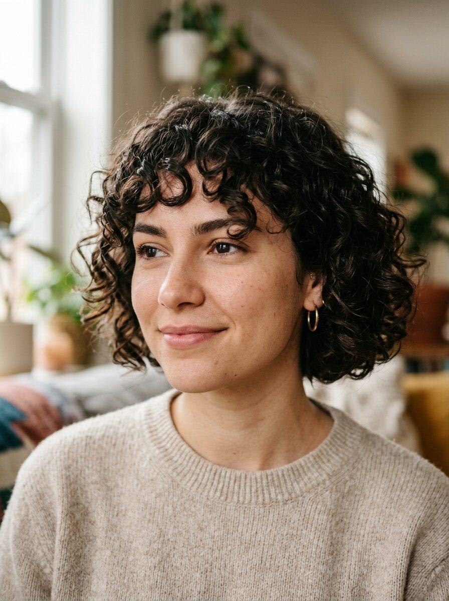 Close-up portrait of a woman wearing a beige sweater with short, dark, curly hair and hoop earrings.
