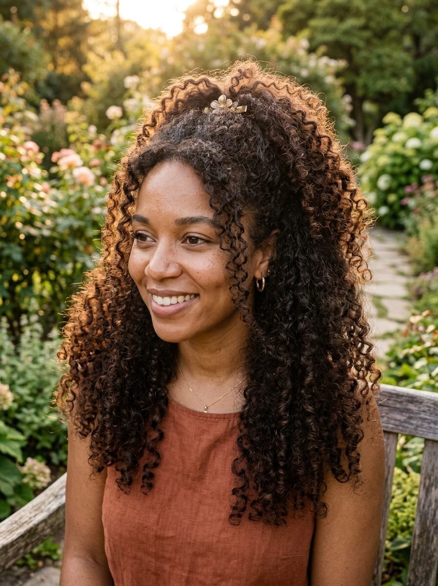 Close-up of a smiling woman with long curly hair in a half-up style sitting outdoors in a sunlit flower garden.