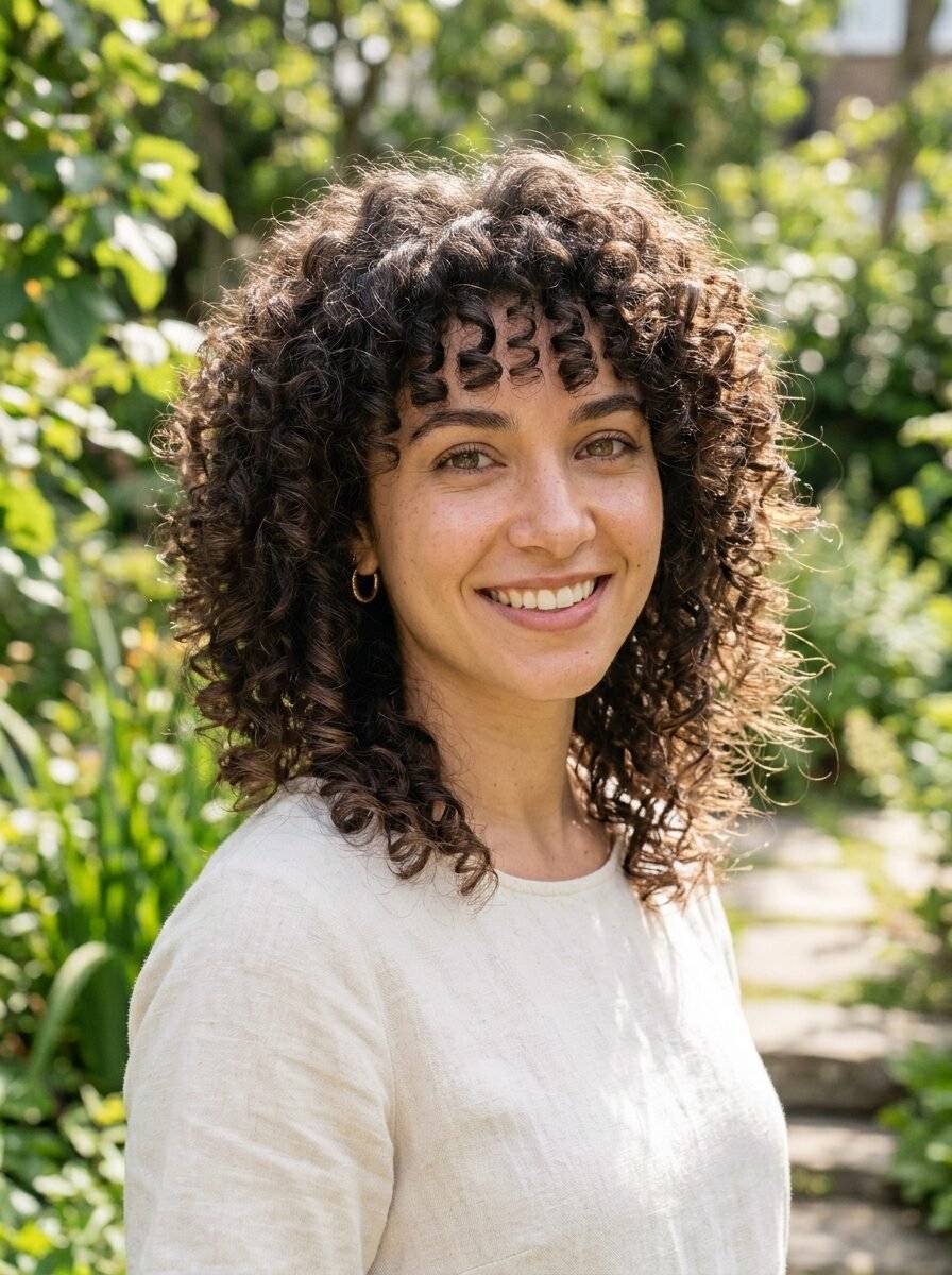 Close up portrait of a woman with curly hair and bangs wearing a cream linen top in a sunlit garden.