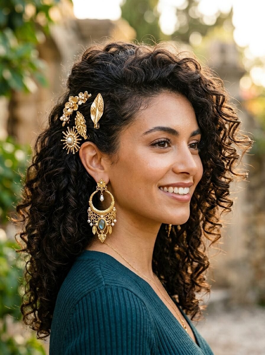 Profile view of a smiling woman with curly hair featuring gold floral hair clips and ornate pendant earrings.
