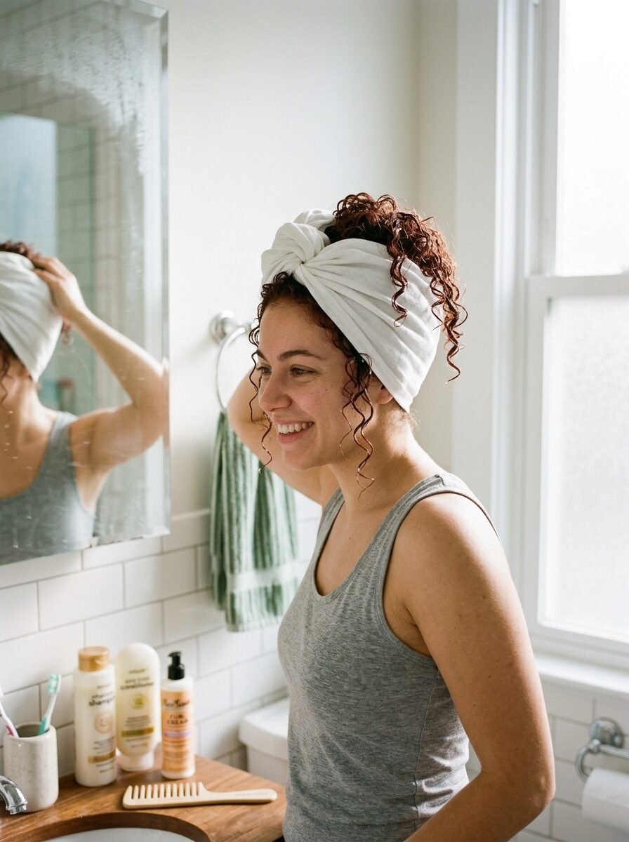Smiling woman in a grey tank top wearing a white fabric hair turban in a bathroom mirror reflection.