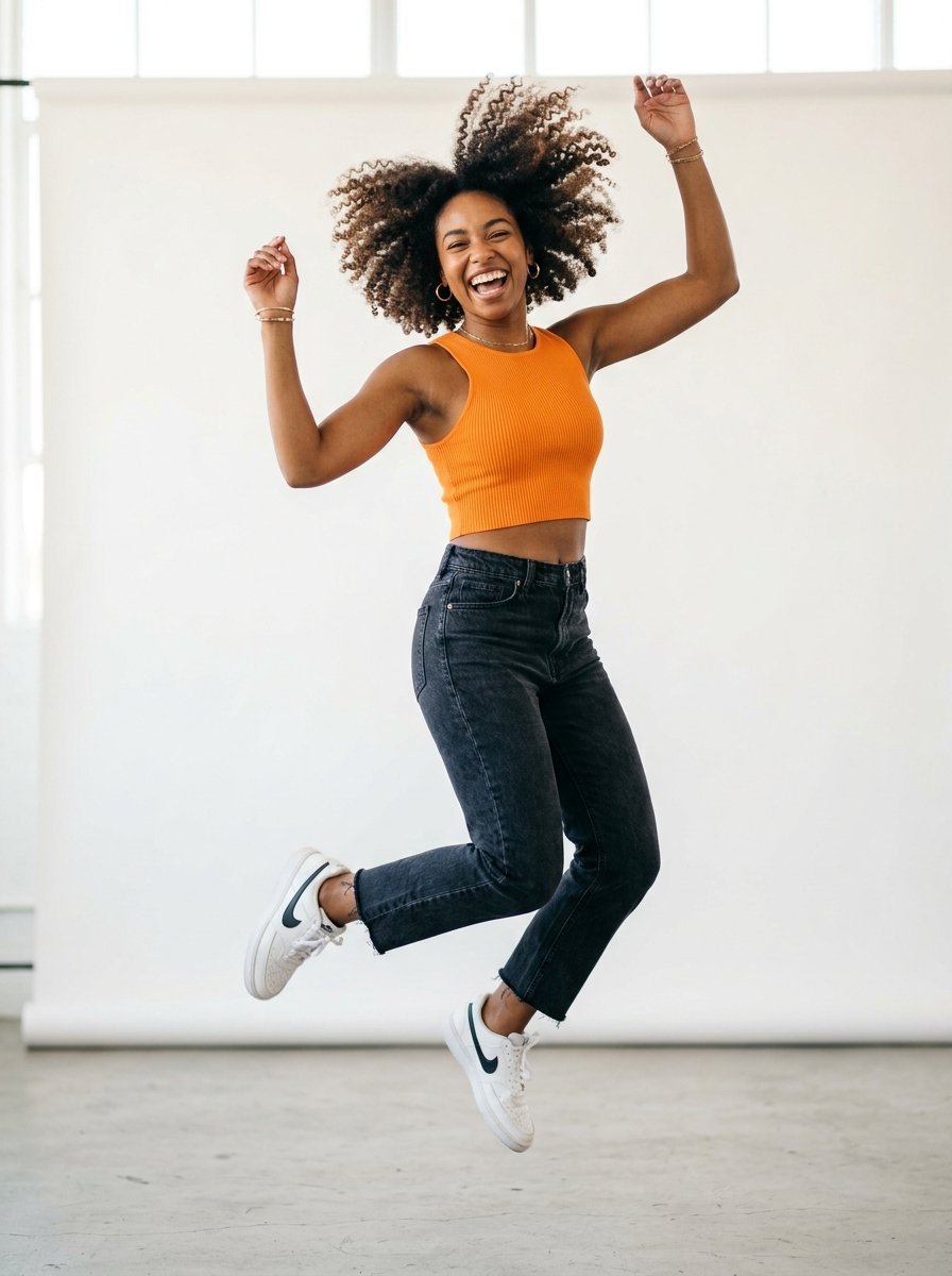 Young woman with voluminous curls wearing an orange tank top and black jeans jumping mid-air in a bright studio.