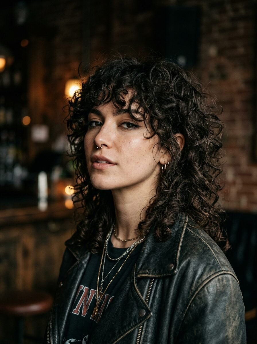 Portrait of a person with curly brown hair and a septum piercing wearing a distressed black leather jacket.