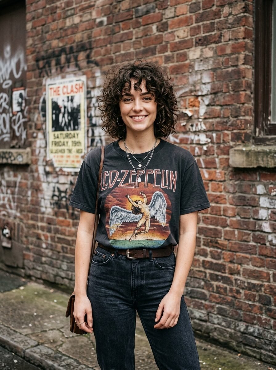 A curly-haired woman smiling in front of a brick wall wearing a black graphic t-shirt and jeans.