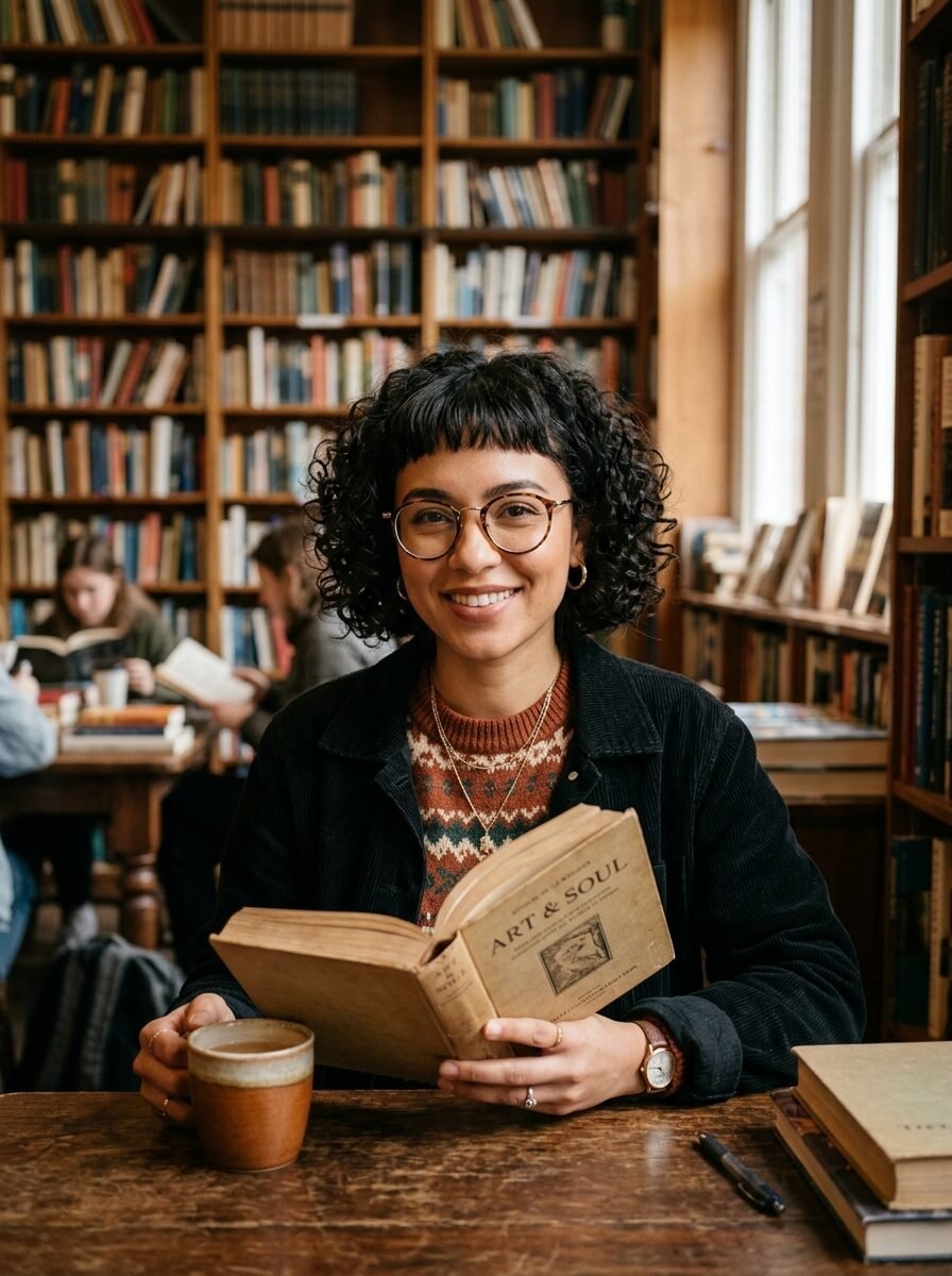 Woman with curly hair and glasses smiling while holding a book titled Art and Soul in a vintage library setting.