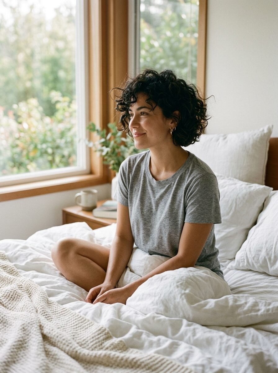 Smiling woman with short curly dark hair sitting in a white bed wearing a grey t-shirt.