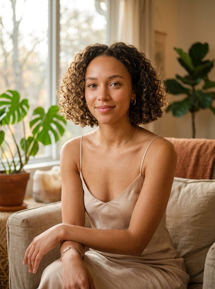 A woman with curly hair and a beige dress sitting on a beige couch near a window with houseplants.