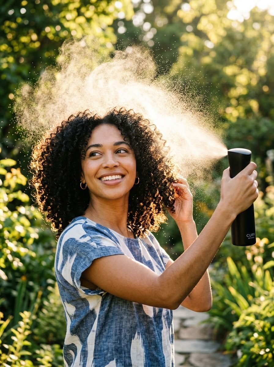 Woman with tight curls in a garden misting her hair with a black spray bottle backlit by the sun.