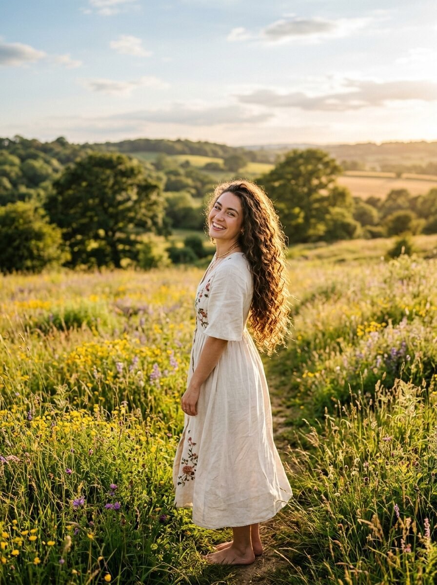 A barefoot woman in a linen dress stands in a meadow full of yellow wildflowers during golden hour.