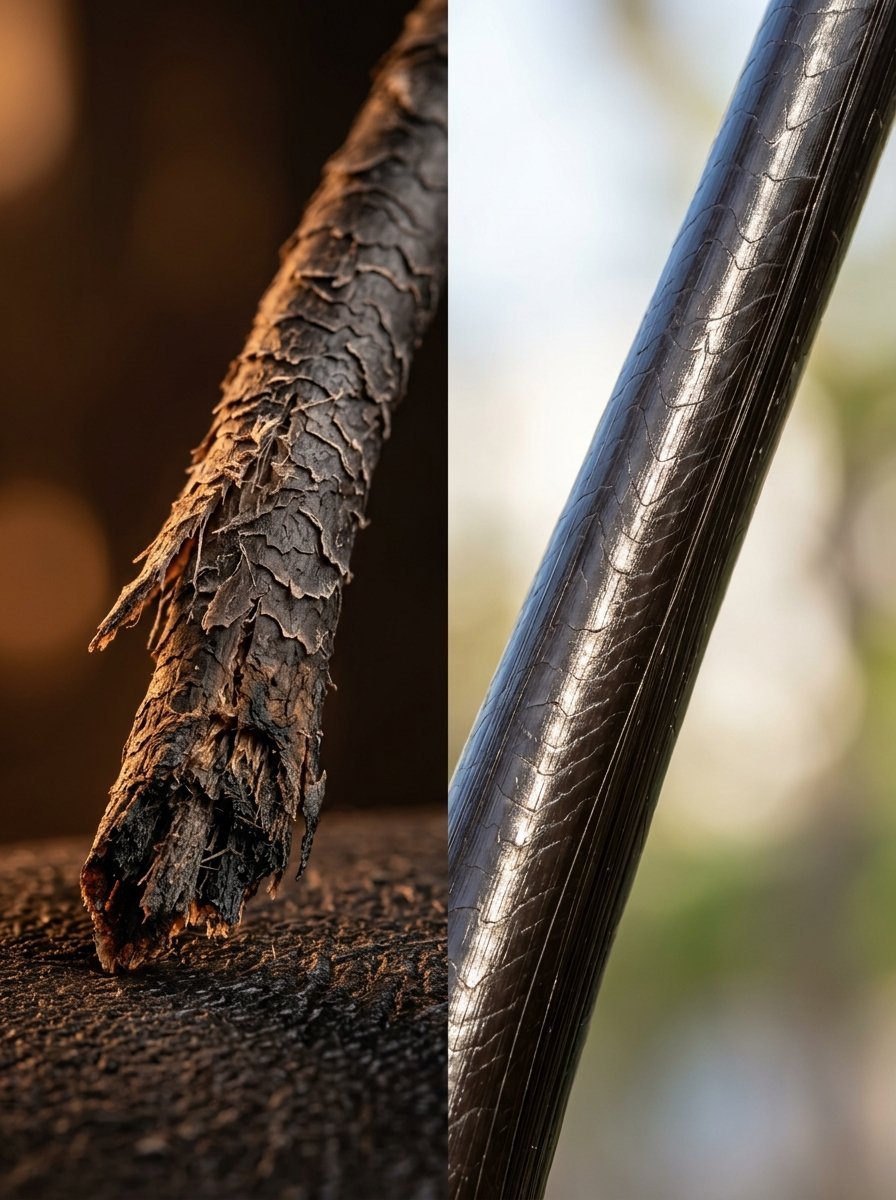 Close-up split image showing a frayed, dry hair shaft beside a smooth, shiny, and intact hair strand.