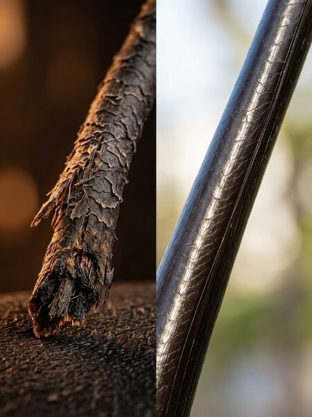 Split view showing a frayed, dry hair fiber next to a smooth, shiny, and intact hair shaft.
