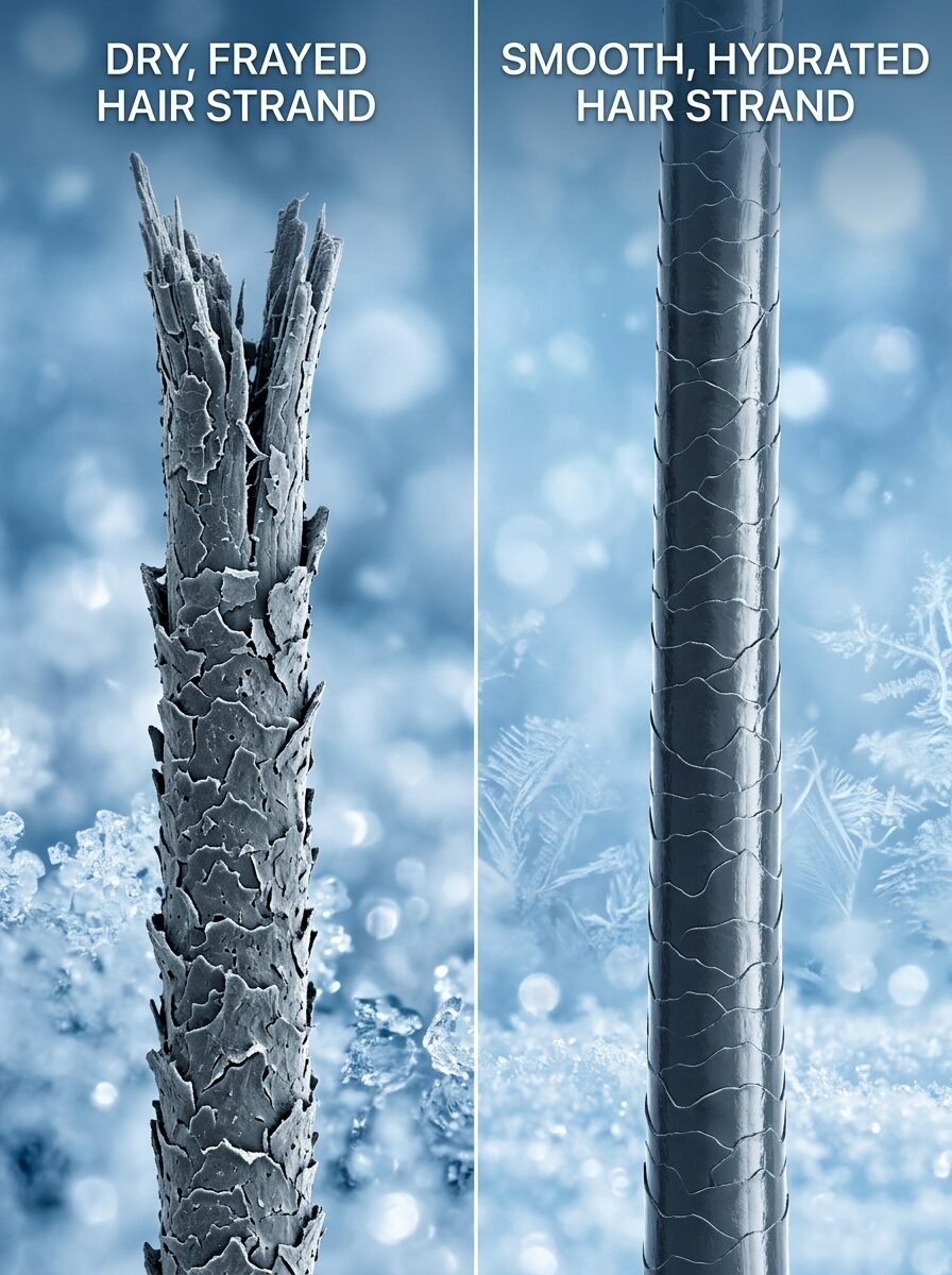Split screen image showing a dry broken hair fiber next to a smooth, intact, and healthy hair strand.