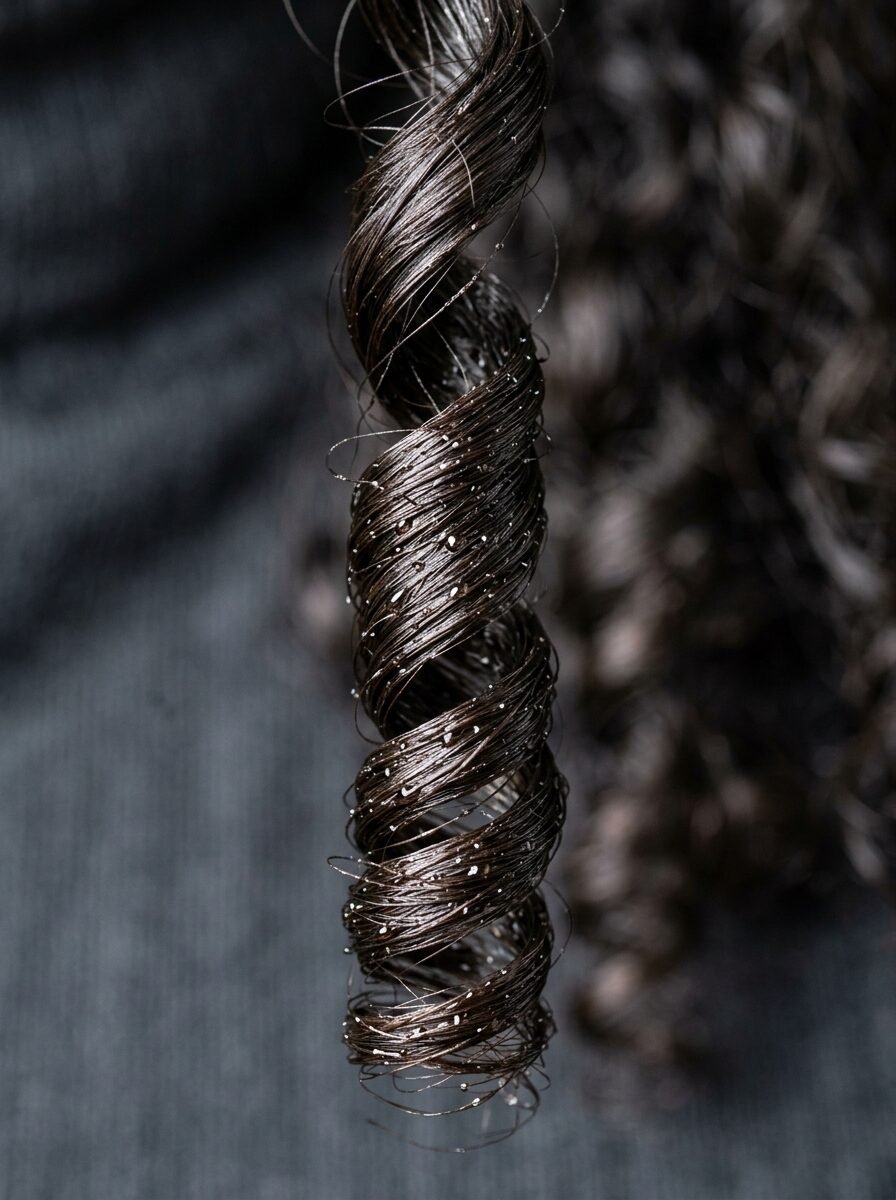 Close-up of a damp, tightly coiled hair ringlet with water droplets, set against a dark textured background.
