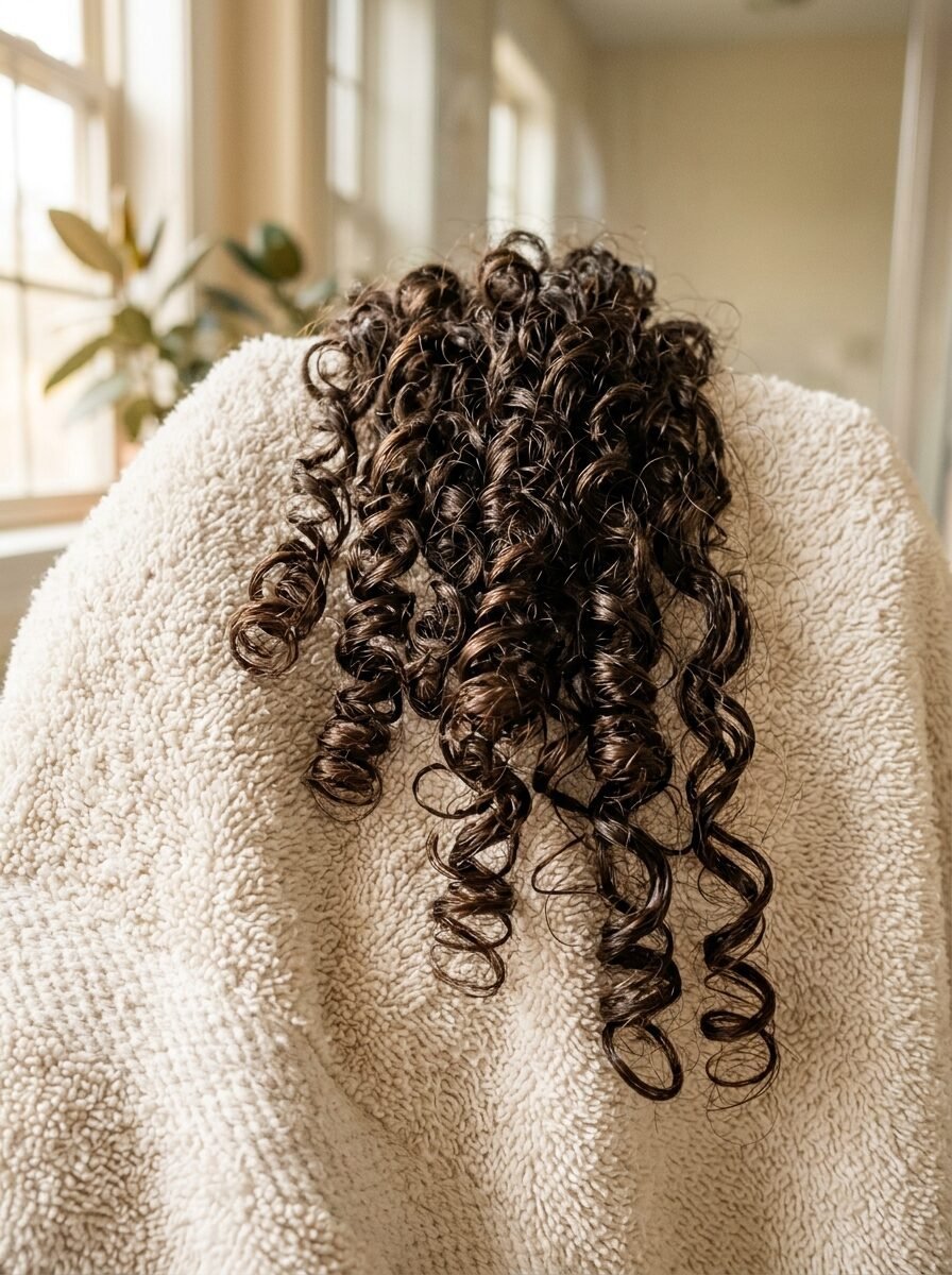 Wet, defined dark brown curly hair resting on a beige fluffy towel.