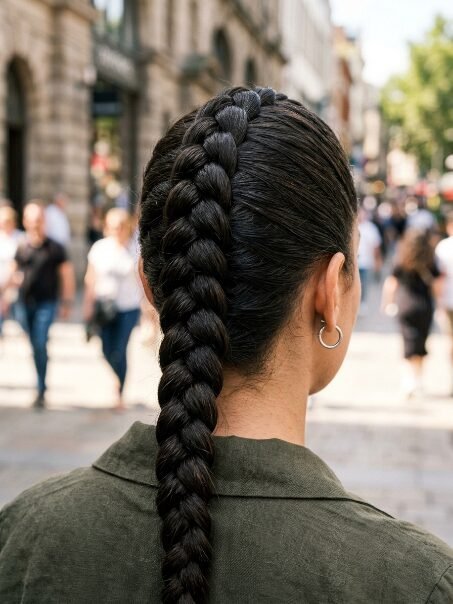Back view of a woman with long dark hair styled into a tight single braid, wearing a green collared top.