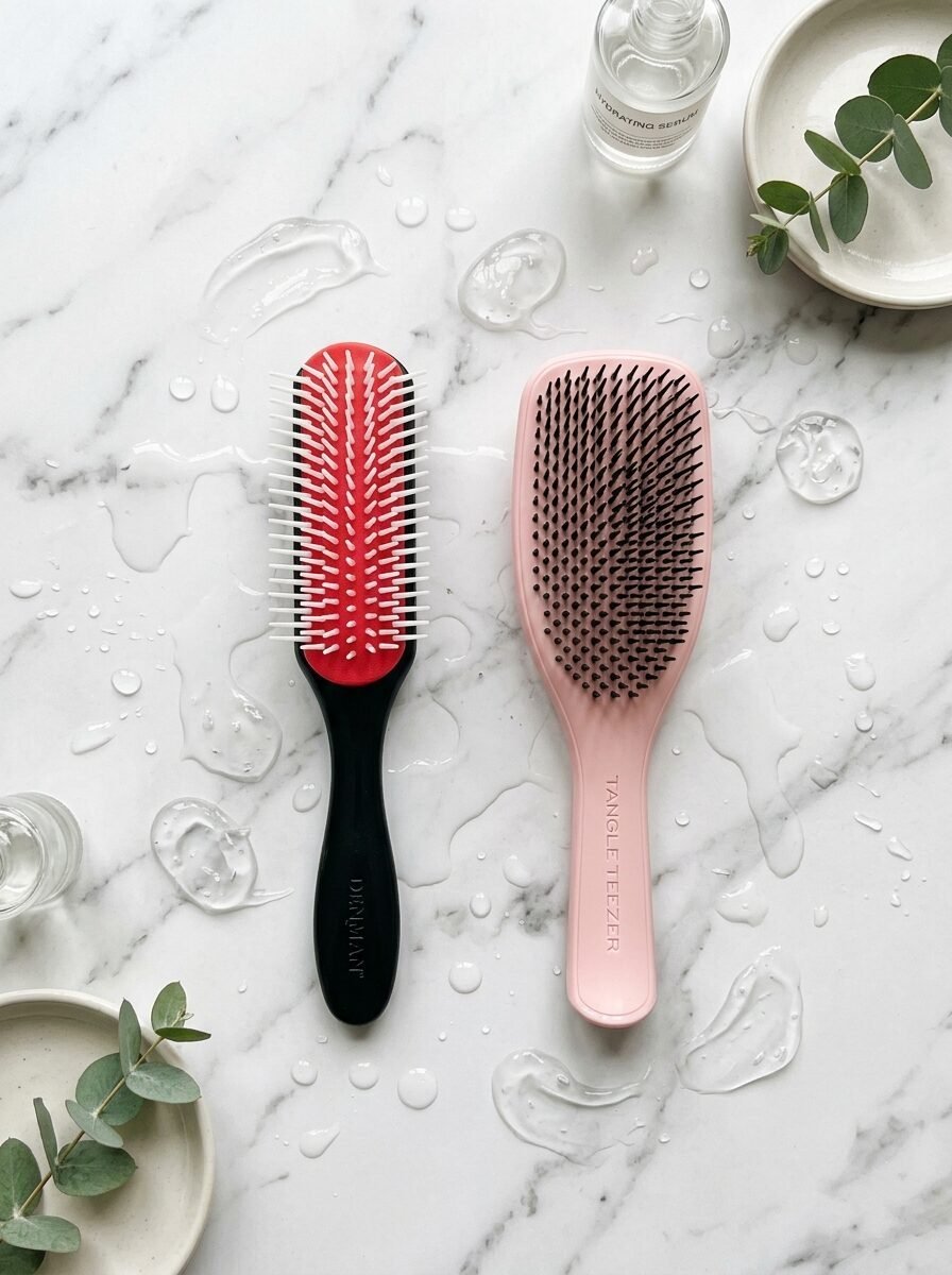 A black Denman brush and a pink Tangle Teezer hair brush resting on a water-splashed white marble surface.