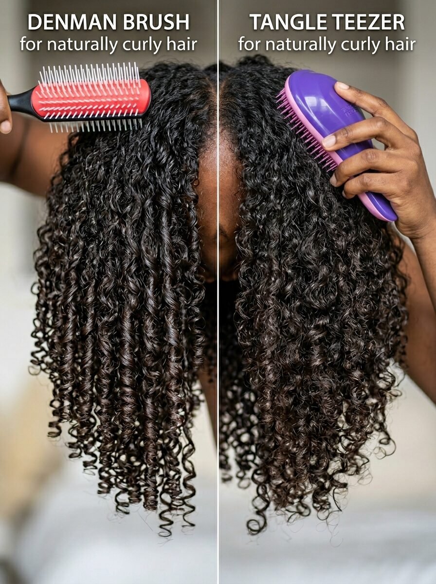 Split screen image showing a Denman brush on one side and a purple Tangle Teezer on dark, curly hair.