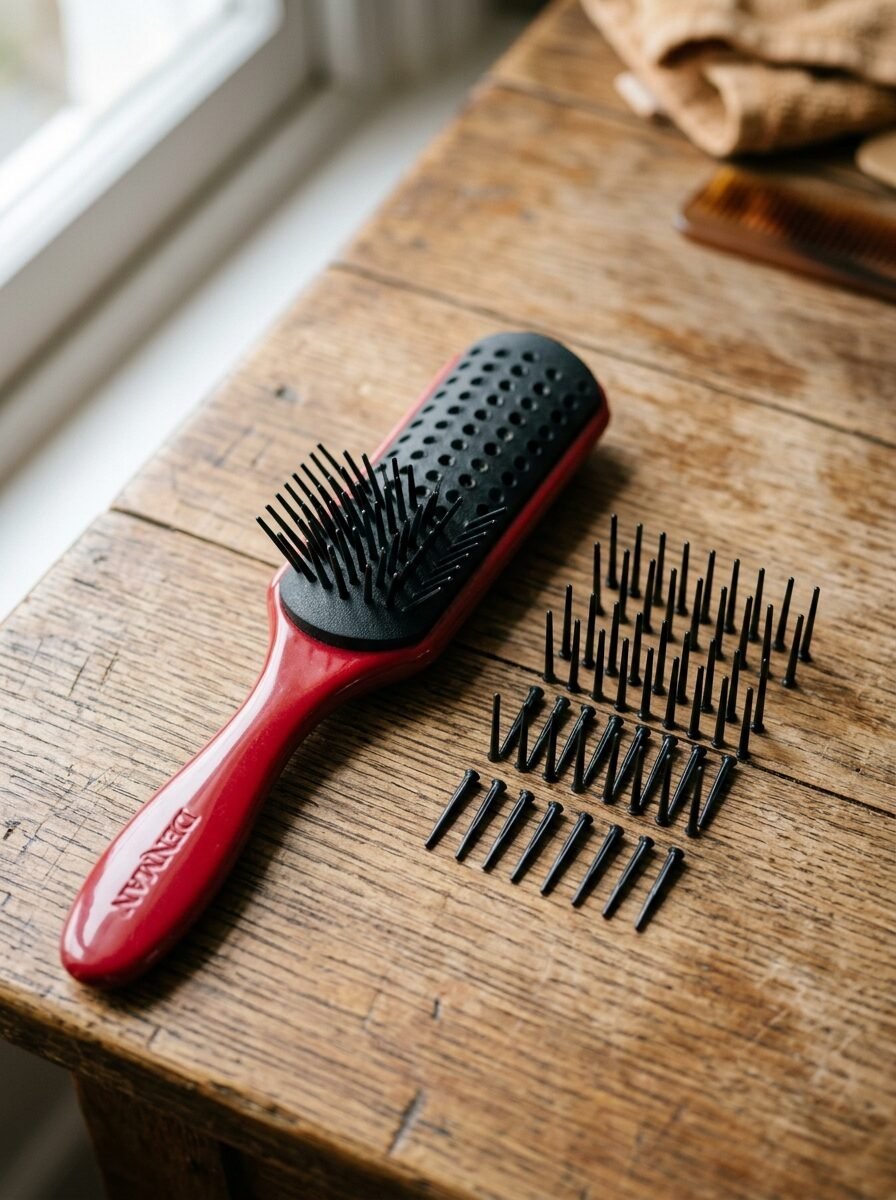 A red plastic hairbrush with black bristles, with several spare bristle rows laid out on a rustic wooden table.