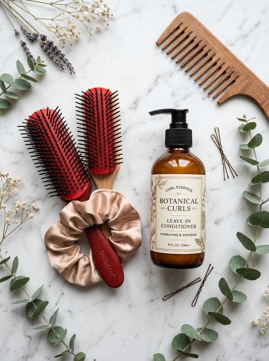Top-down view of botanical leave-in conditioner, two red Denman brushes, a silk scrunchie, and a wooden comb on marble.