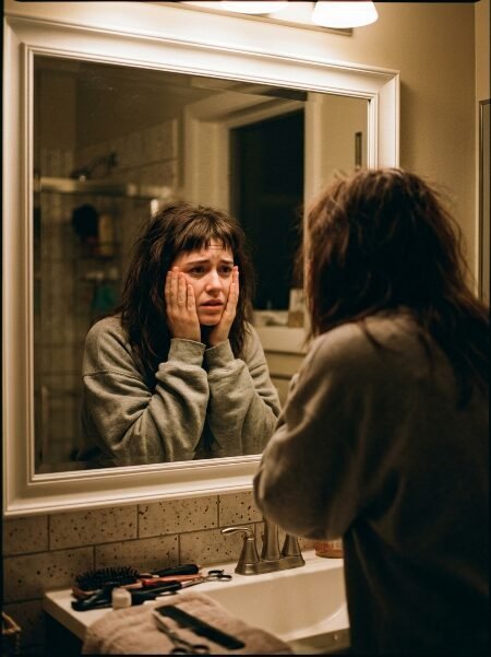 Close-up of a woman in a grey sweatshirt appearing anxious while staring at her own reflection in a bathroom mirror.