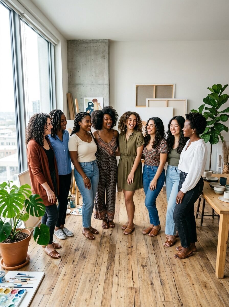 Eight women standing in a circle inside a brightly lit art studio with hardwood floors and indoor plants.